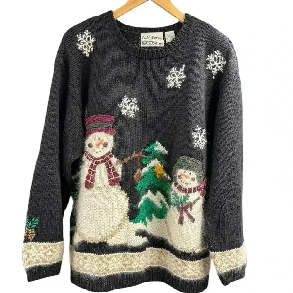 Croft & Barrow Hand Knitted Black With Muti color Snowman Sweater Size Large